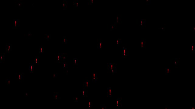 Many red exclamation marks fall on black background warning alert danger caution notification symbol abstract motion concept.