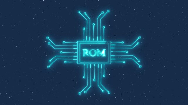 Neon read only memory integrated circuit animation on blue starry background represents data storage technology digital hardware components and futuristic computing electronic architecture.