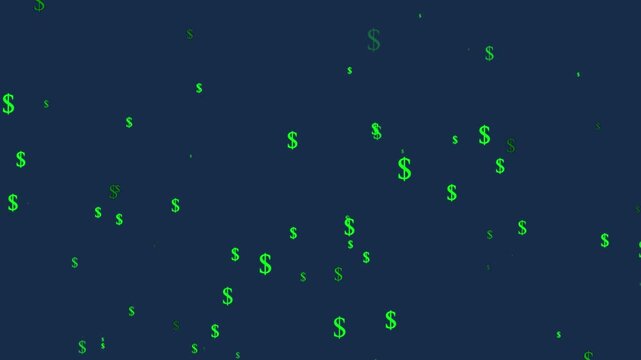 Falling dollar signs motion background with green currency symbols moving dynamically against dark blue backdrop representing financial growth and wealth.