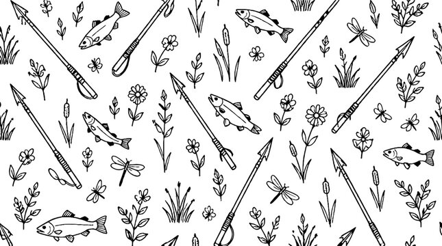 Hand drawn fish arrows and flowers pattern design.