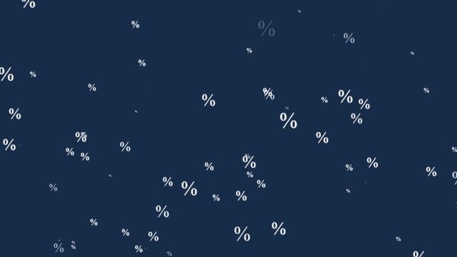 Abstract percent symbols falling on dark blue background representing economic trends market discount concepts and financial growth or recession in cinematic animated motion graphics style.