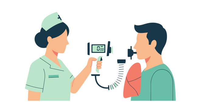 Medical professional performing lung function test on patient