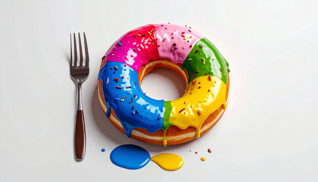 Colorful rainbow donut painted with vibrant icing next to a fork on a white background