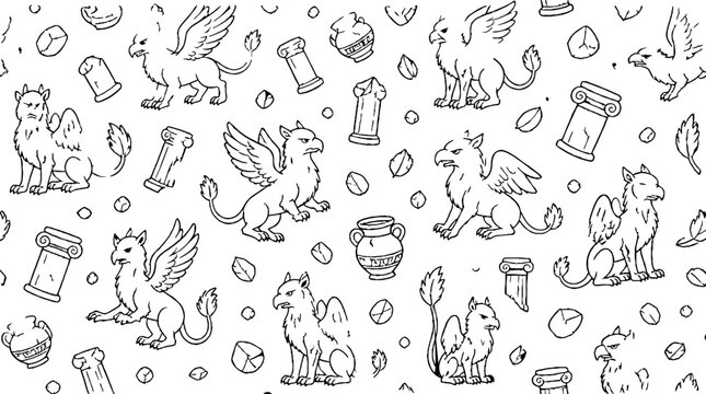 Whimsical griffin and cat illustrations in a repeating pattern.