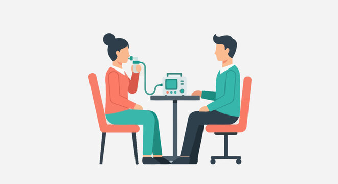 Technician conducting lung function spirometry test on patient.