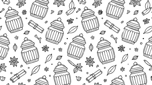 Seamless pattern of honey jars and bees with leaves.