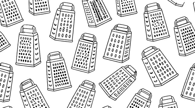 Repeating pattern of kitchen graters in black and white.