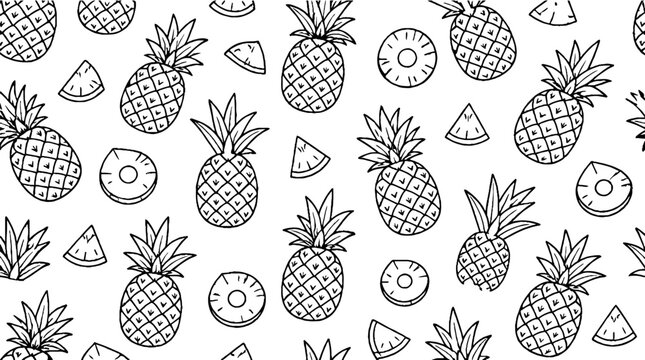 Detailed Pineapple and Slice Line Art Pattern.
