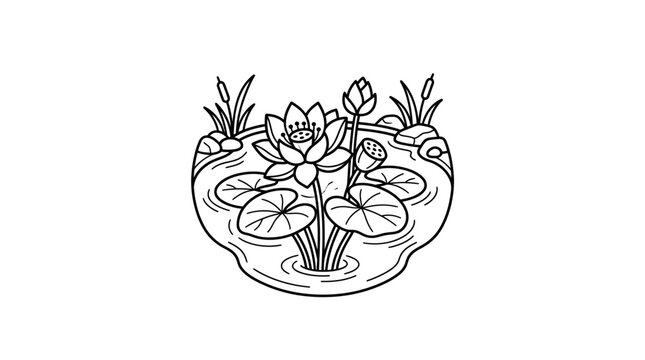 Blooming lotus flower and leaves circular line art composition.