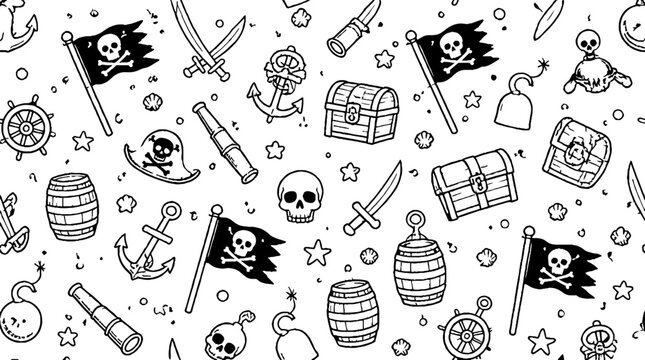 Pirate themed seamless pattern with skulls and treasures.