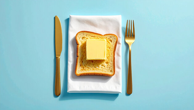 A slice of golden toast with a square pat of butter on a white napkin, flanked by gold cutlery on a light blue background.