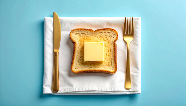 A slice of golden-brown toast with a square pat of butter, served on a white napkin with gold cutlery on a light blue background.