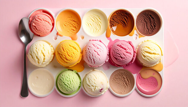 An overhead view of a colorful assortment of melting ice cream scoops in various flavors, served on a white tray with a spoon on a pink background.