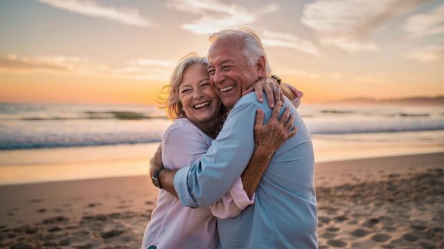 Elderly couple joyfully embracing on sandy beach at sunset radiating warmth and happiness