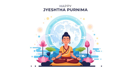 Obraz premium Celebrate happy Jyeshtha Purnima with a serene person meditating under a full moon surrounded by lotus flowers