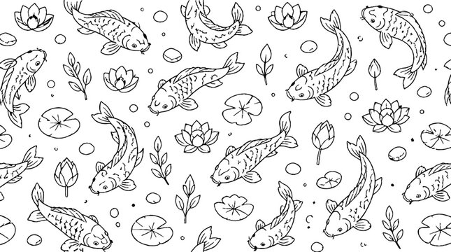 Elegant koi fish and lotus flowers pattern design.