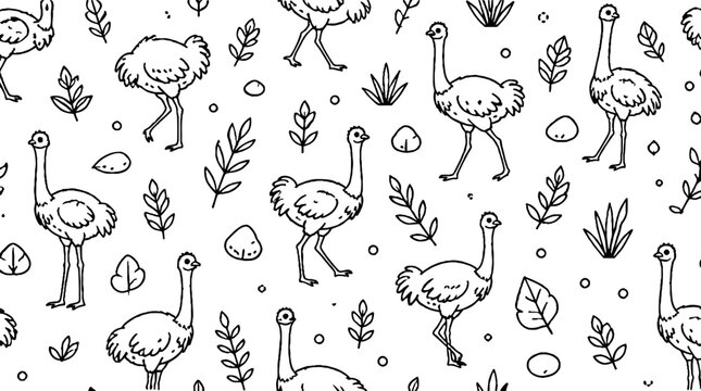 Playful ostrich pattern with nature elements.