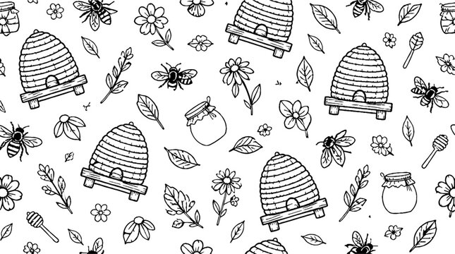Hand drawn beekeeping and honeycomb pattern illustration.