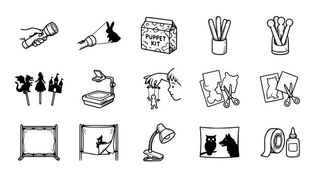 Hand-drawn icons set for shadow puppet theater and craft activities