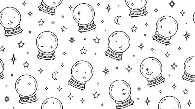 Mystical crystal balls and celestial symbols illustration.