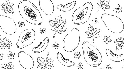 Fototapeta premium Detailed line art of papaya and tropical leaves.
