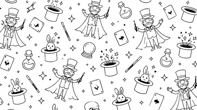 Whimsical magic show pattern with rabbits and hats.