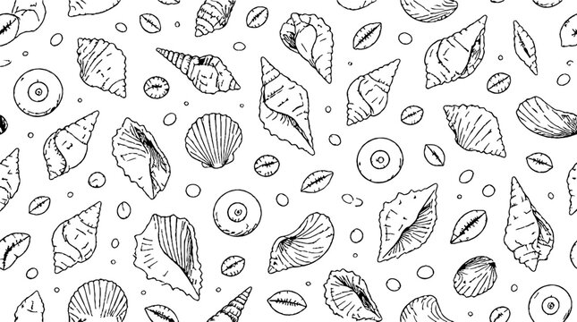 Detailed black and white seashell pattern illustration.