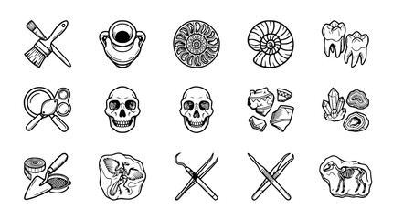 Archaeology and Paleontology Icons: Tools, Fossils, Skulls, and Artifacts © Roti