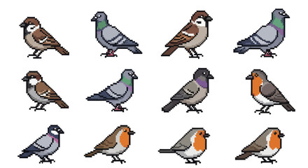 Fototapeta premium Pixel Art Collection of Various Birds.