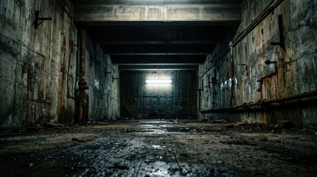 Dark and moody abandoned concrete bunker with industrial decay and dim light