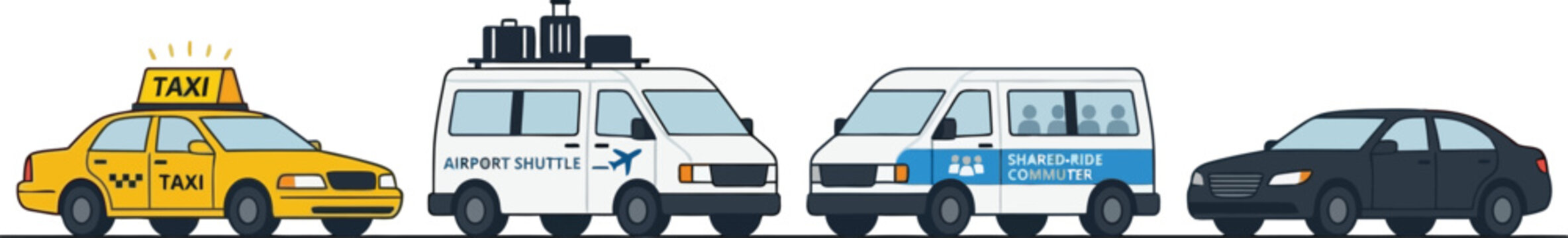 Set of various urban transport vehicles including a yellow taxi cab and airport shuttle vans