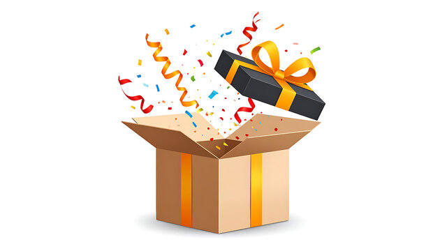 Open gift box with colorful confetti and streamers exploding outwards, surprise celebration, holiday or birthday concept