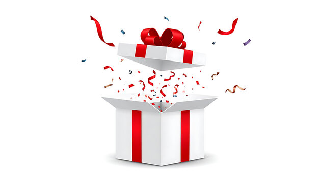 Open gift box with red ribbon exploding in colorful confetti and streamers, surprise celebration, festive event