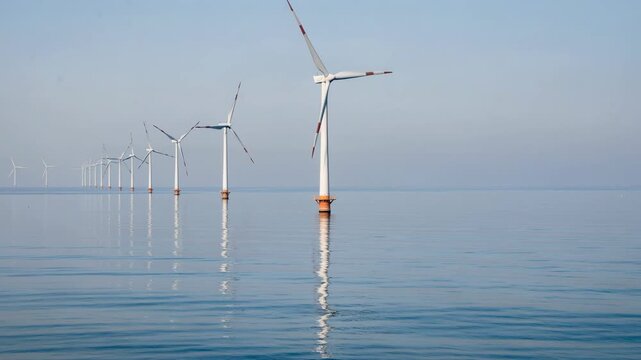 A serene offshore wind farm with turbines stretching gracefully into the horizon over calm waters