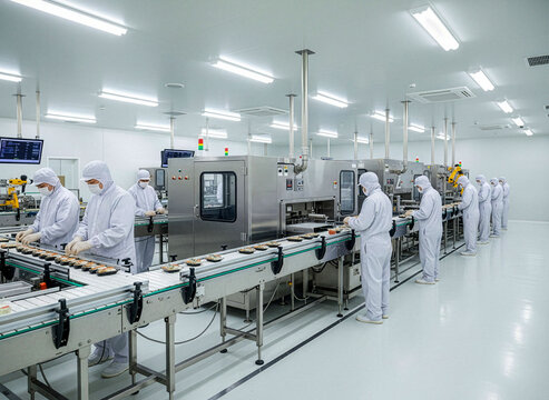 清潔な食品工場で作業する防護服の従業員２