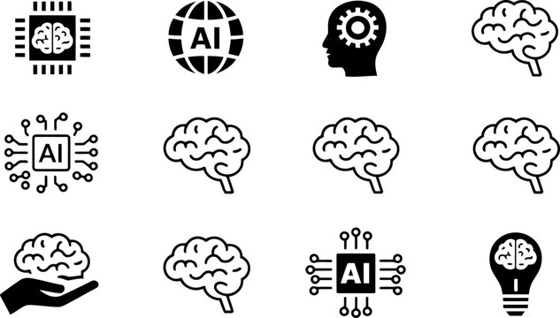 Artificial intelligence icons set brain chip globe head gear and light bulb vector