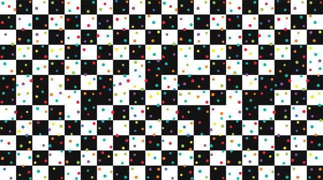 Abstract checkerboard seamless pattern with black and white checkered grid distorted squares and colorful confetti dots sprinkle overlay graphic design background vector.