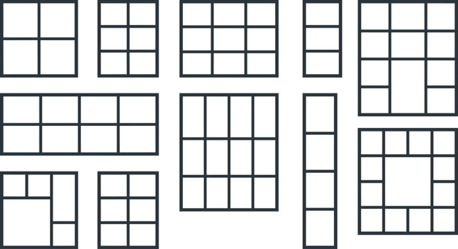 Set of minimalist photo frame layout grid collection with different blank square and rectangle collage wireframes isolated on white background vector templates.