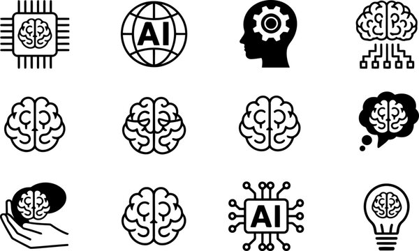 Artificial intelligence icons set brain chip globe head gear and light bulb vector