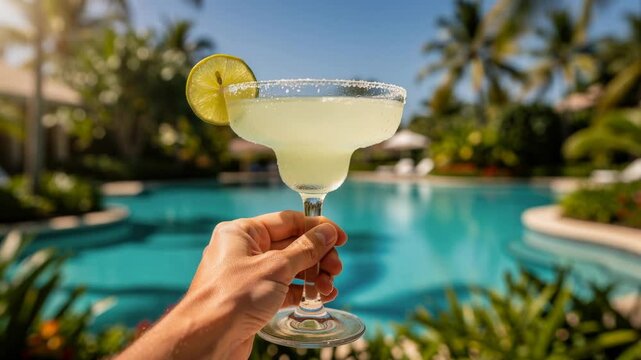 Hand holding a frosty margarita with lime slice by sunlit tropical pool summer vibes