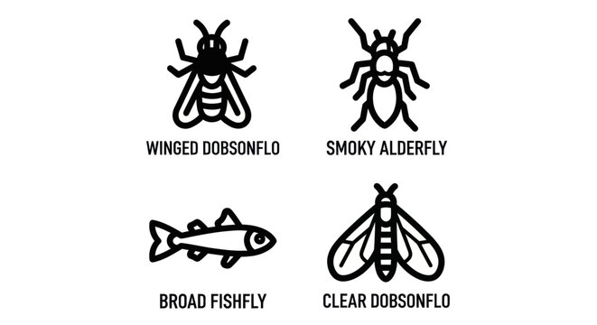 Dobsonfly and fishfly insect silhouette graphic icons.