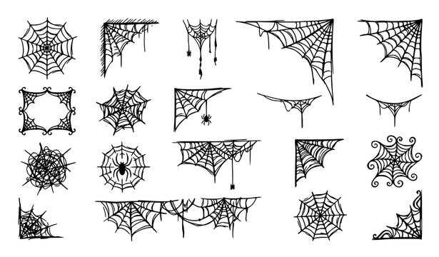 Hand drawn spider cobweb doodle icons set with sixteen outline web elements
