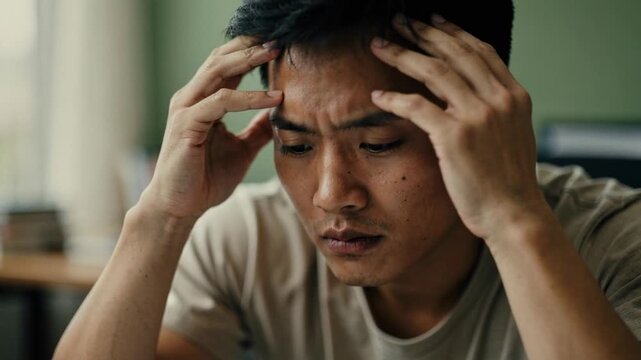 Young man sitting indoors holding head in frustration and deep thought with emotional stress