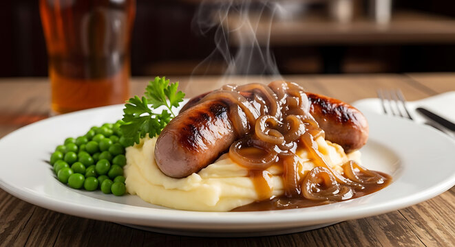 Bangers and Mash Onion Gravy Peas British Pub Dinner