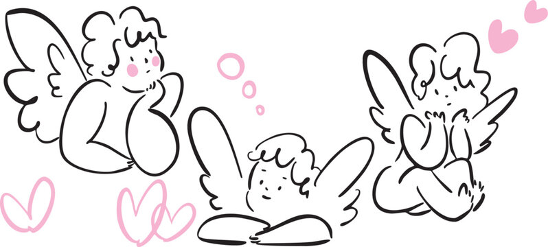 Cute Cupid Angel Set - Valentine's Day and Wedding Illustration Collection, Hand Drawn Doodle Style