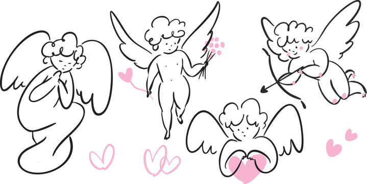 Cute Cupid Angel Set - Valentine's Day and Wedding Illustration Collection, Hand Drawn Doodle Style