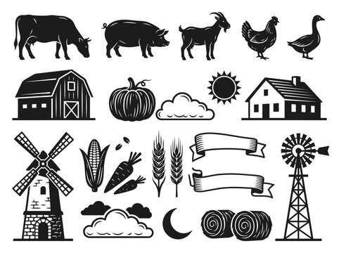 Farm Animal and Rural Life Vector Silhouette Icon Set