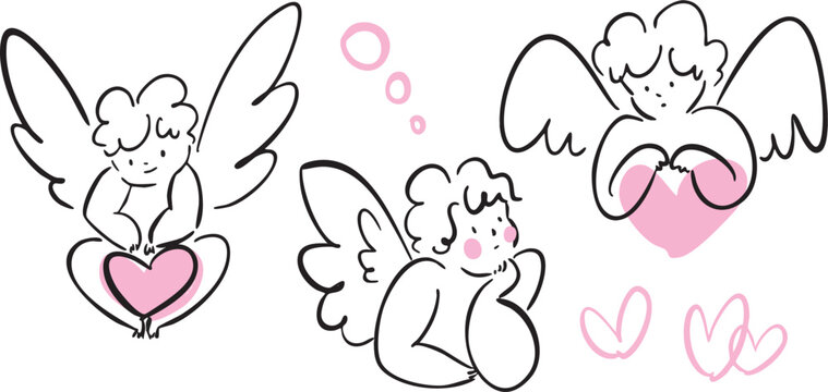 Cute Cupid Angel Set - Valentine's Day and Wedding Illustration Collection, Hand Drawn Doodle Style