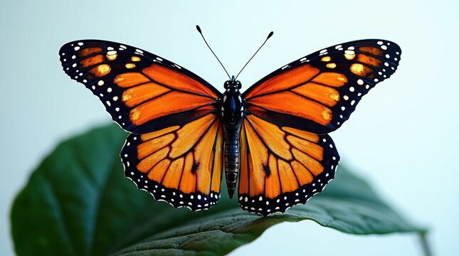 Closeup of a vibrant monarch butterfly resting on a green leaf