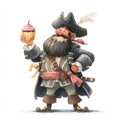 Obraz premium Funny Pirate Captain Holding a Sweet Cupcake on White Background